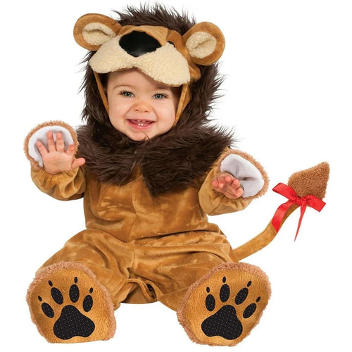 Smiling baby wearing the Little Lion suit with a dark brown mane hood and paw-print feet